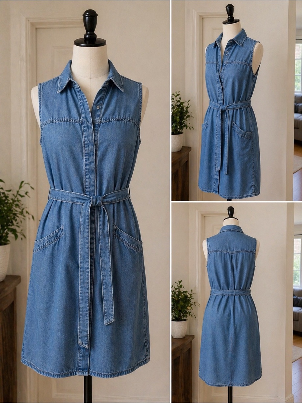 Andeaway Chambray Shirt Dress Sleeveless Button Front Belted Pockets Women’s XXL